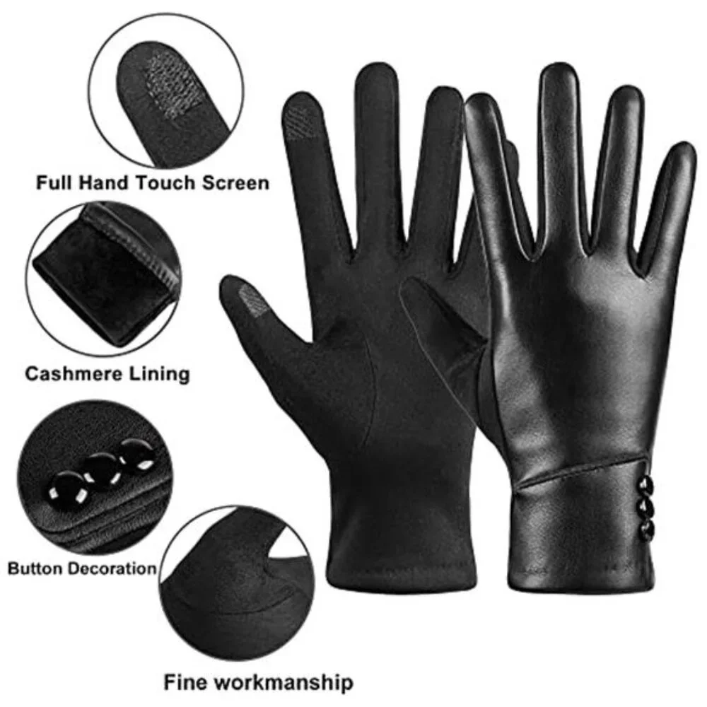 Women Winter Leather Gloves Touch Screen Wool Lined Warm Windproof Driving Glove